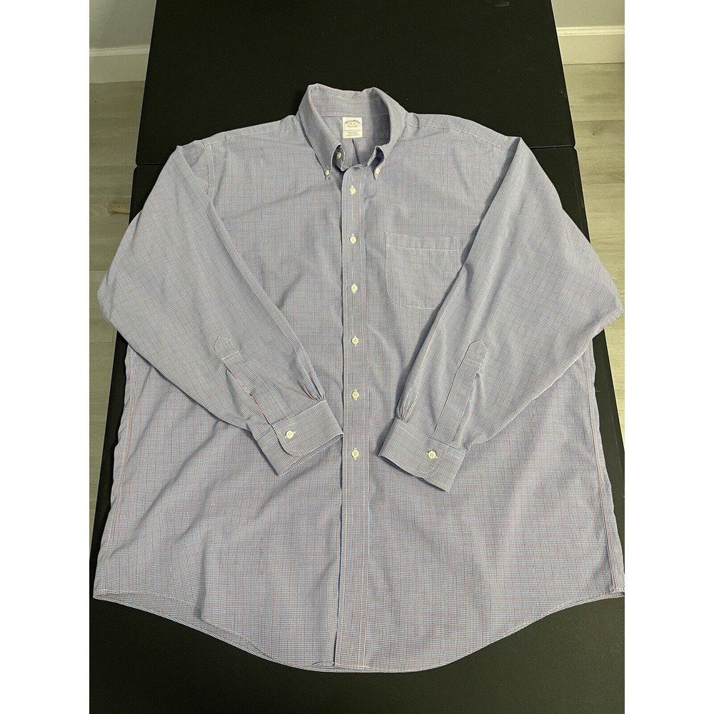 Brooks Brothers 18 35 Adult Button Shirt Classic Fit Non Iron Blue Plaid Mens